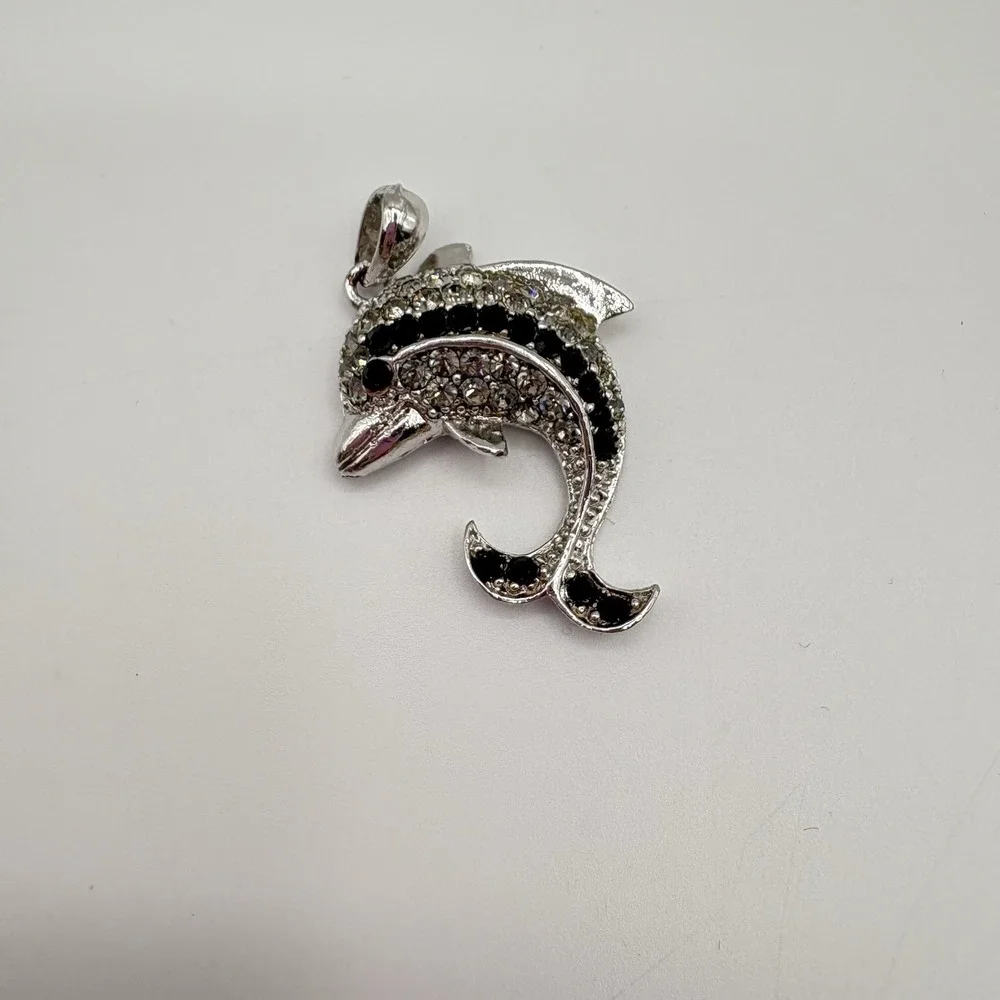 Vintage‎ Dolphin Pendant Silver Tone With Black And Clear Rhinestones